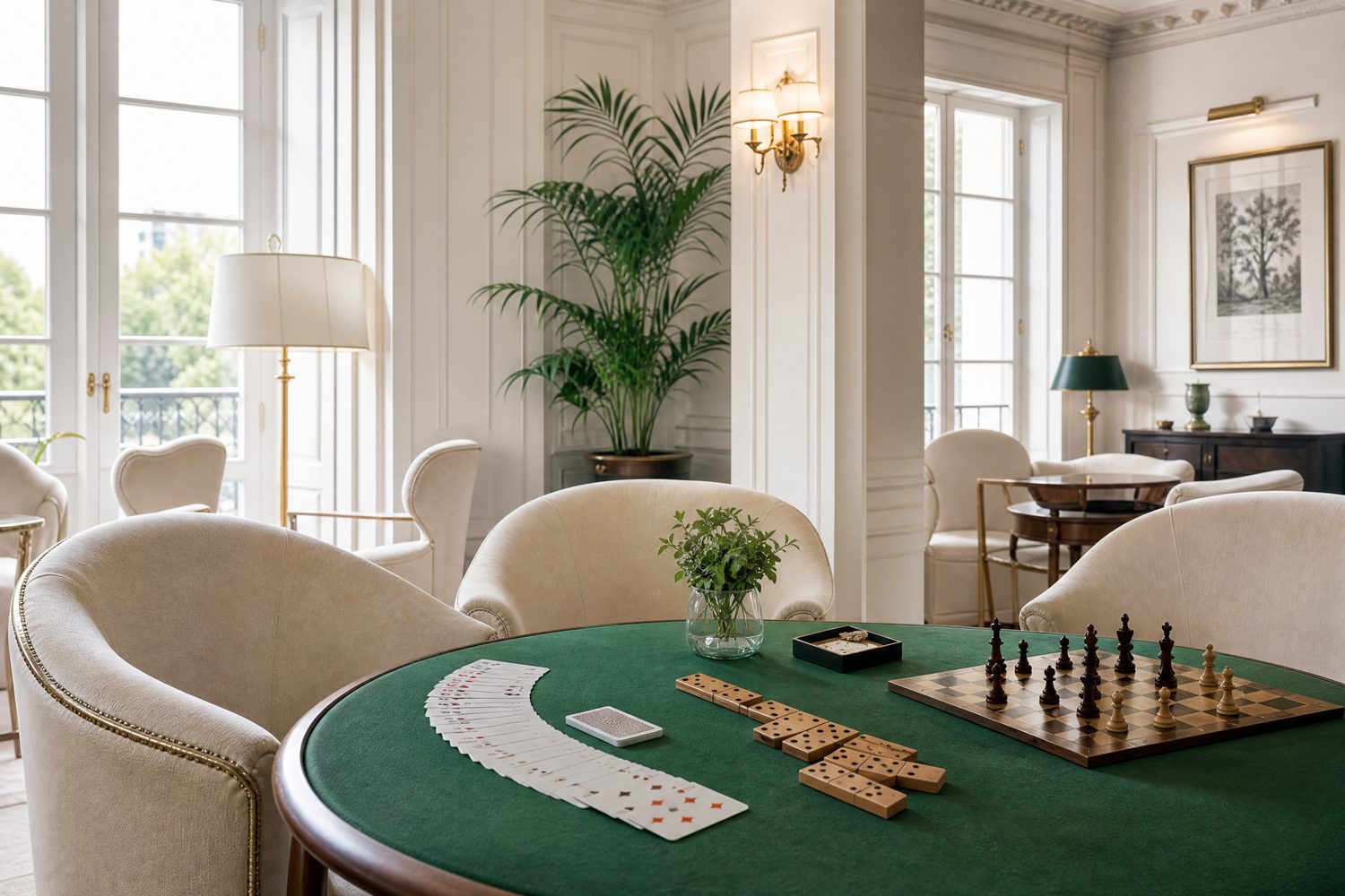 A bright club games lounge with a green baize card table, fanned playing cards and cream armchairs